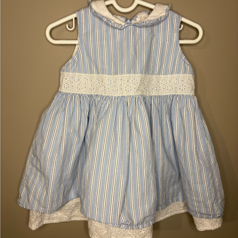 Hanna Andersson Sleeveless Blue White Easter Eyelet Trim Dress 100% Cotton 9-12m